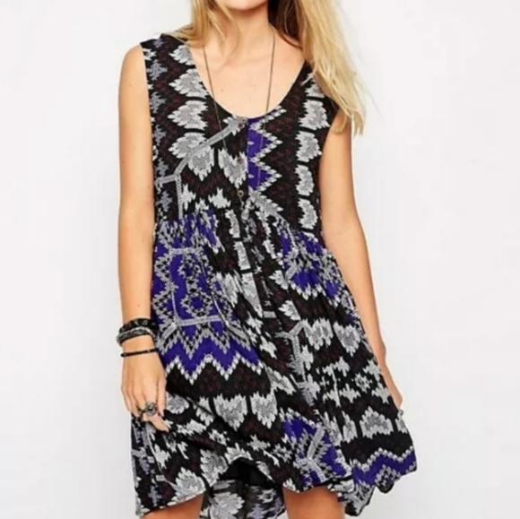 Free People Black Purple take me to thailand Geometric Aztec Print dress - Picture 1 of 15
